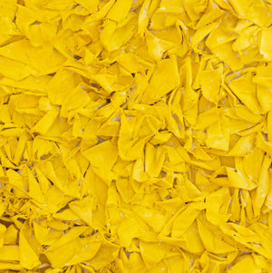 Large square abstract painting with yellow brushstrokes and texture – YELLOW II by Marcela Cadena